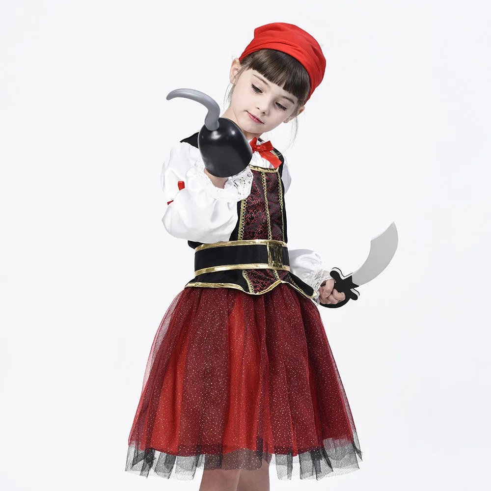 Pirate Costume for Girls, Deluxe Buccaneer Fancy Dress Outfit (4pcs Set)