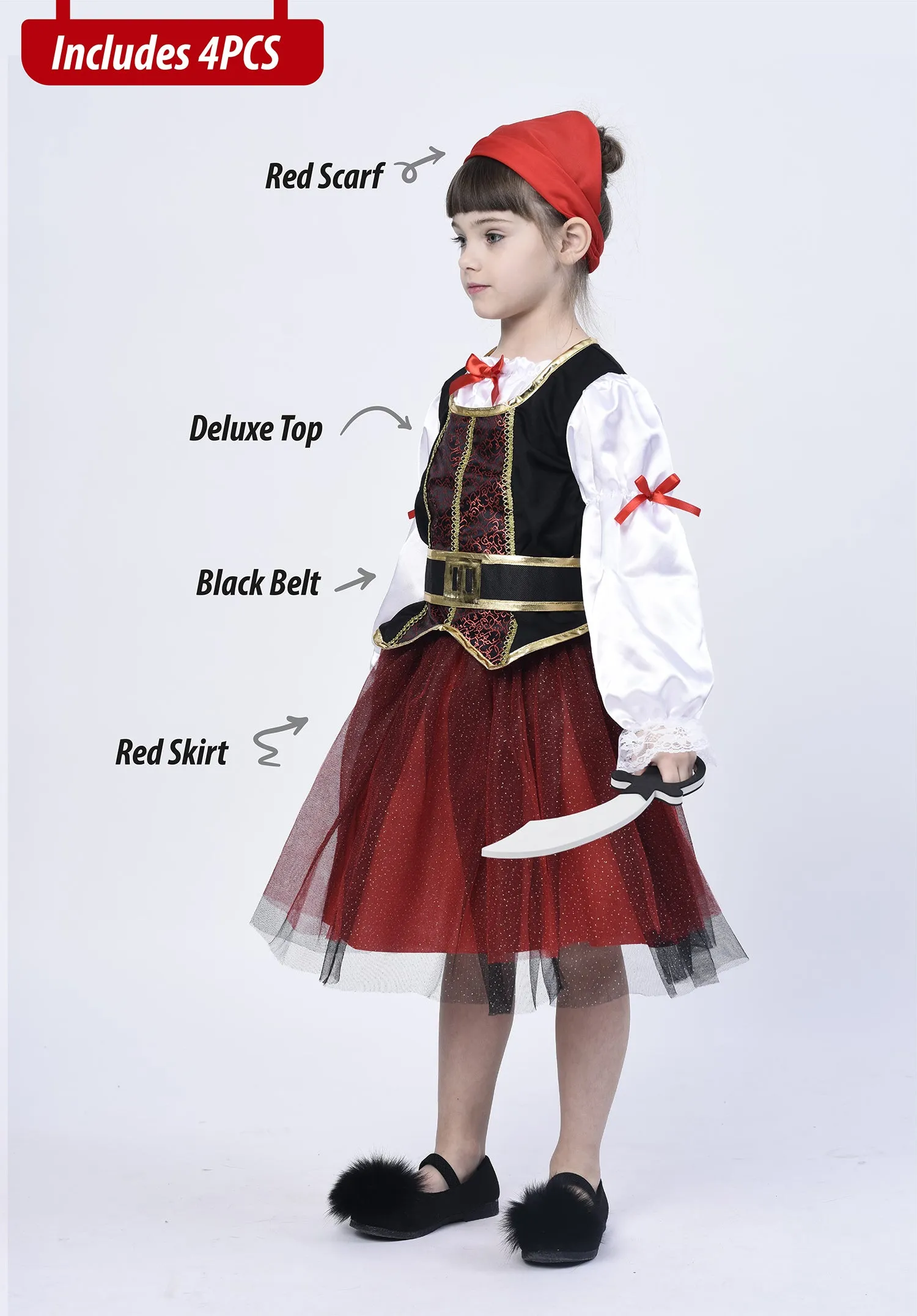 Pirate Costume for Girls, Deluxe Buccaneer Fancy Dress Outfit (4pcs Set)