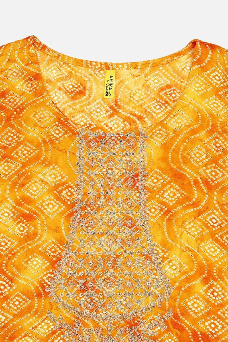 Plus Size Yellow Viscose Rayon Bandhani Printed Straight Kurta