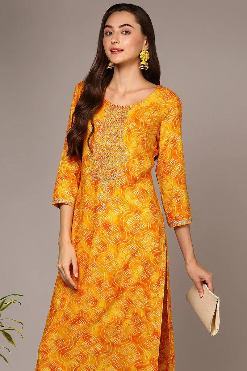 Plus Size Yellow Viscose Rayon Bandhani Printed Straight Kurta