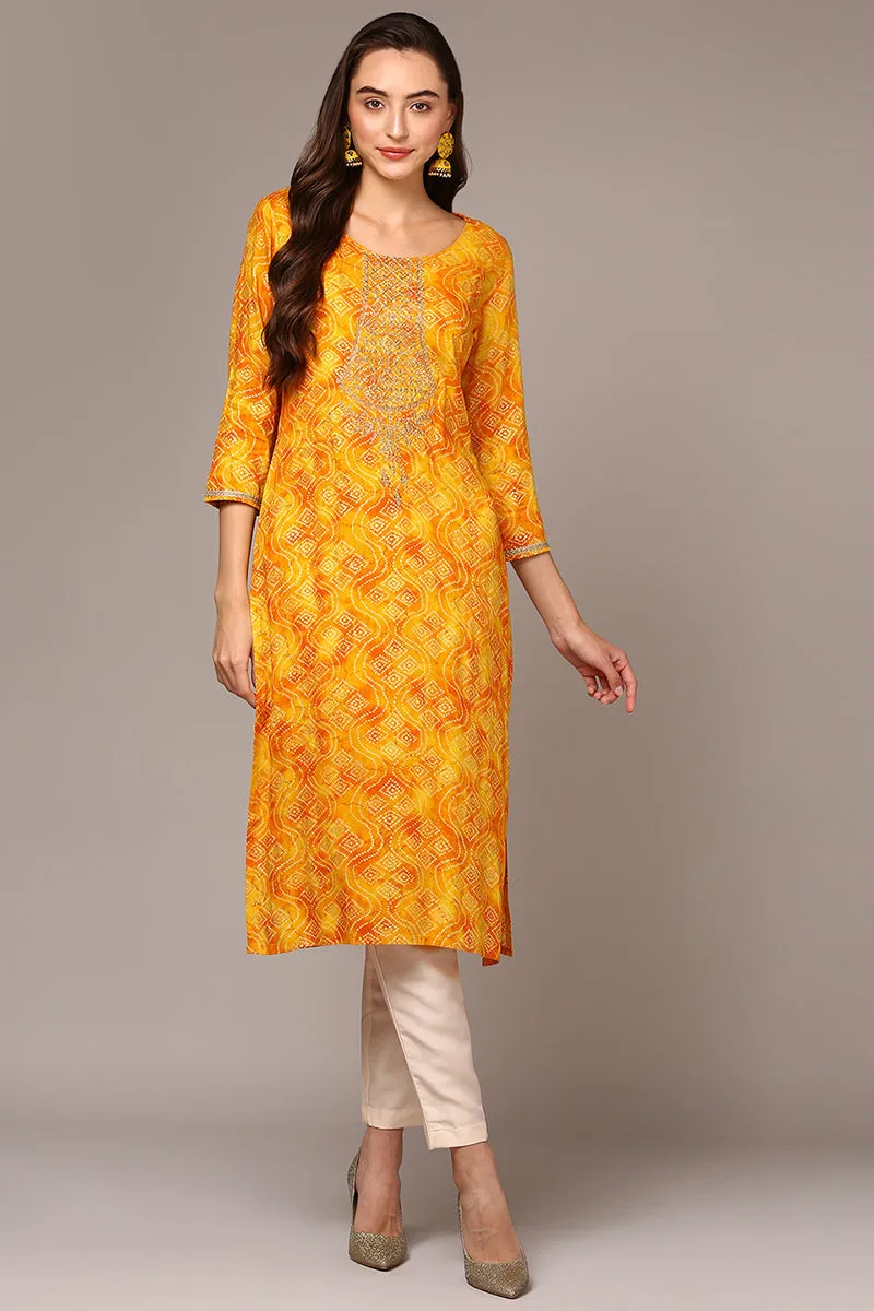 Plus Size Yellow Viscose Rayon Bandhani Printed Straight Kurta