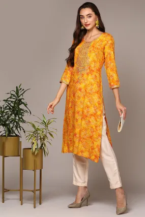 Plus Size Yellow Viscose Rayon Bandhani Printed Straight Kurta