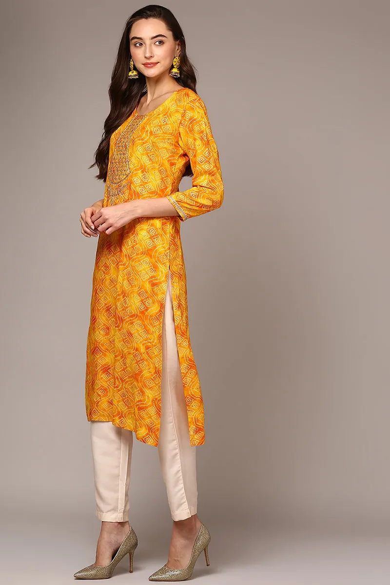 Plus Size Yellow Viscose Rayon Bandhani Printed Straight Kurta