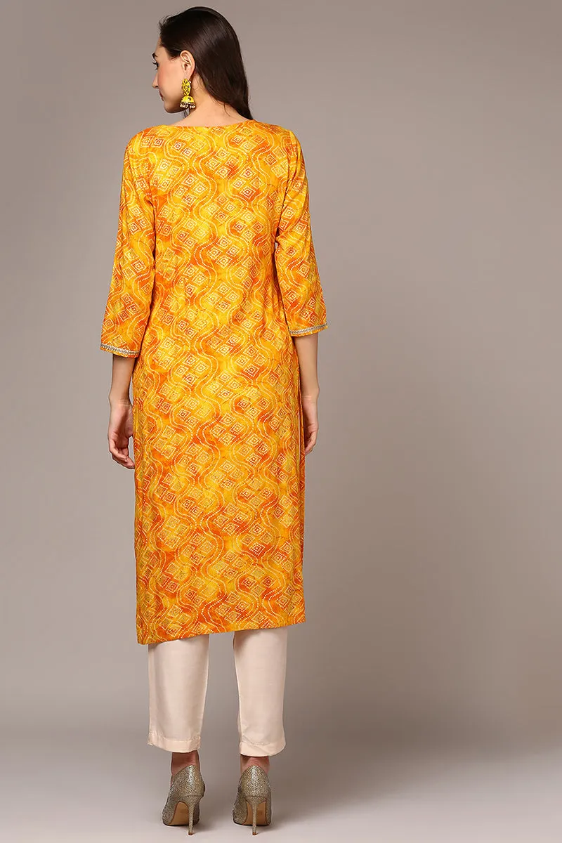 Plus Size Yellow Viscose Rayon Bandhani Printed Straight Kurta