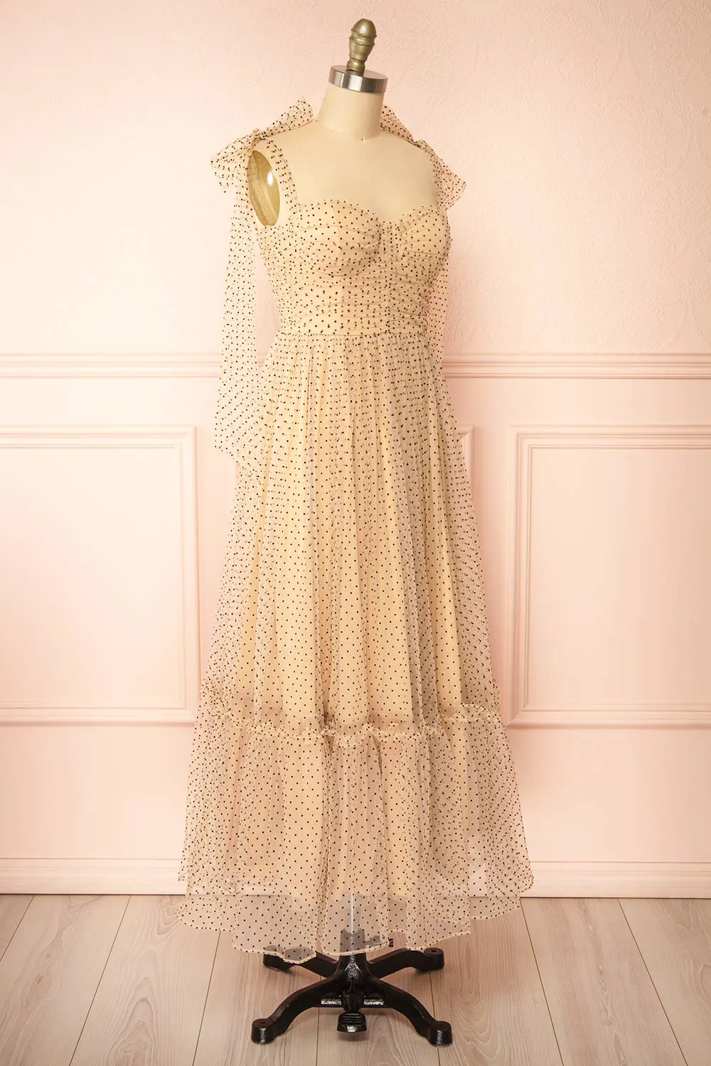 Polkarine | Cream Tulle Maxi Dress w/ Polka Dots