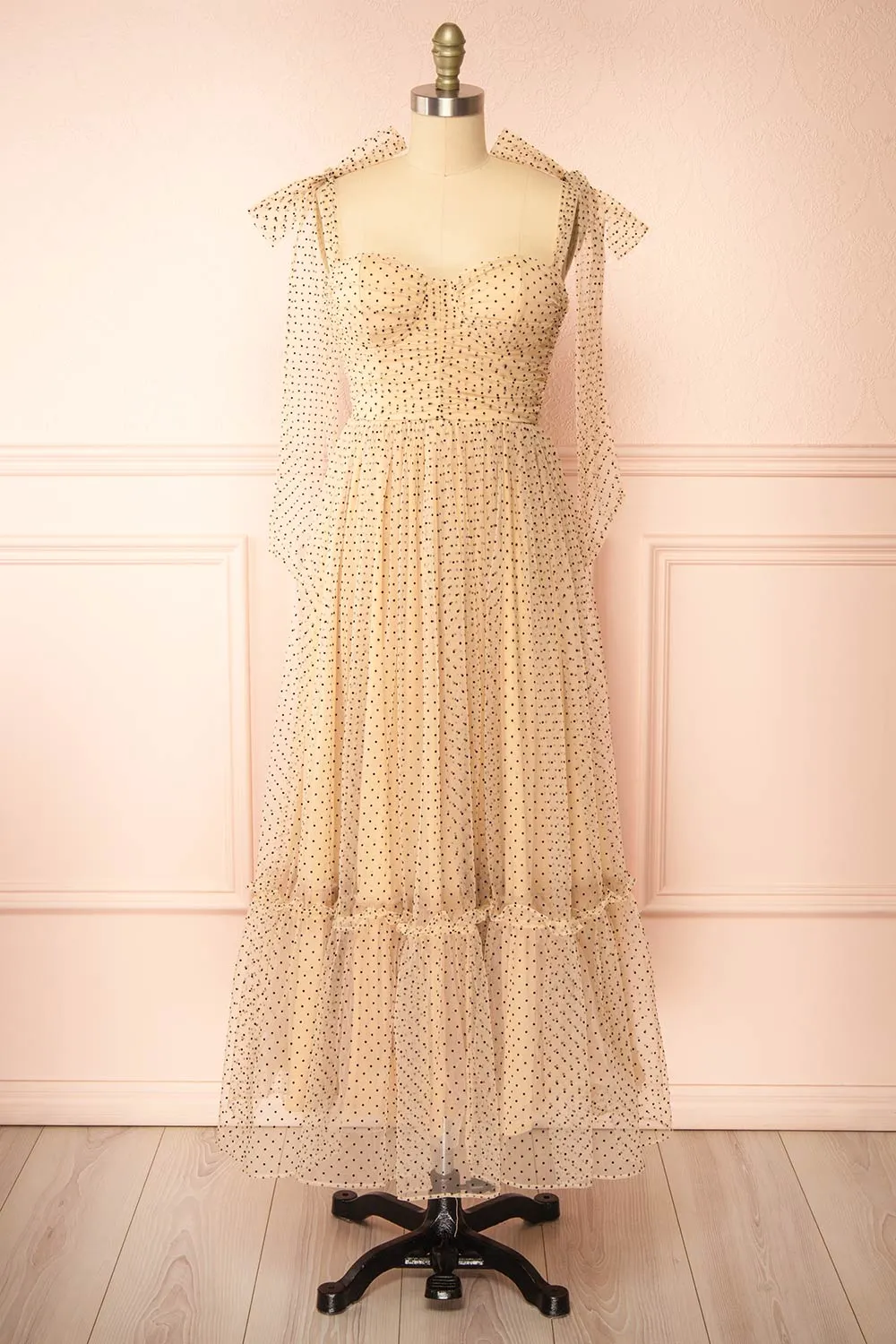 Polkarine | Cream Tulle Maxi Dress w/ Polka Dots