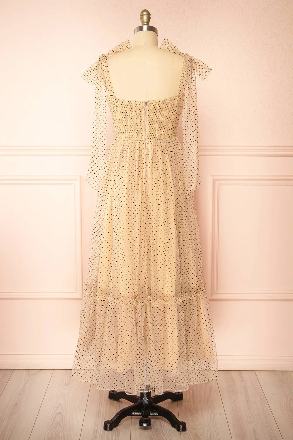 Polkarine | Cream Tulle Maxi Dress w/ Polka Dots