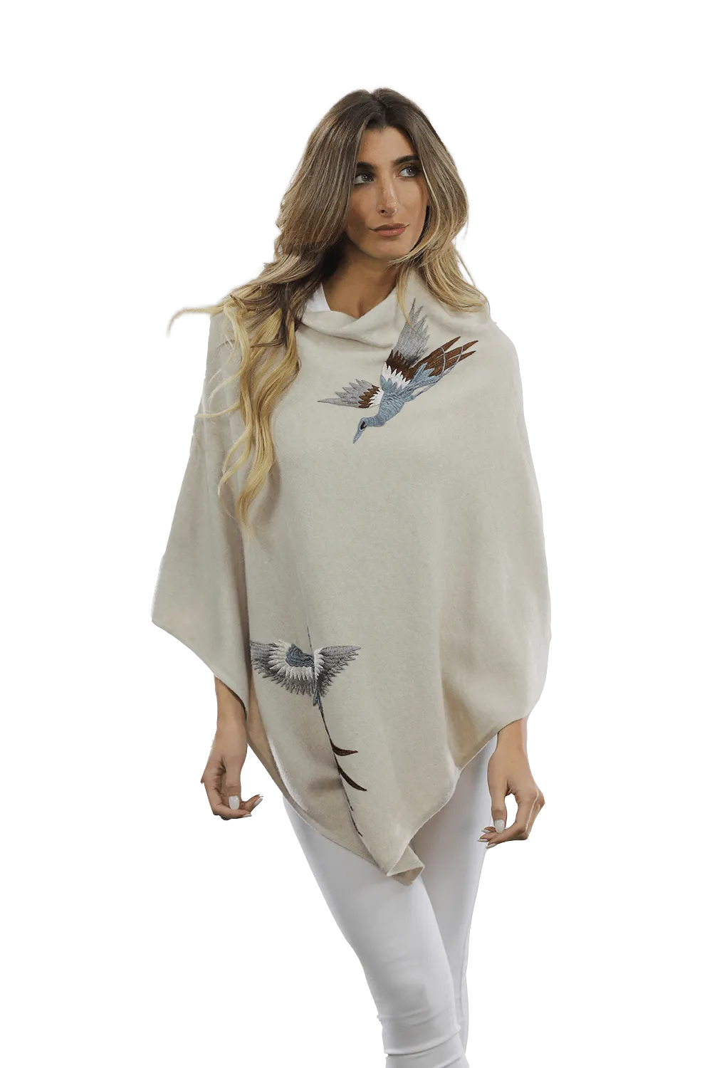 Poncho with Embroidered Phoenix   - Ivory