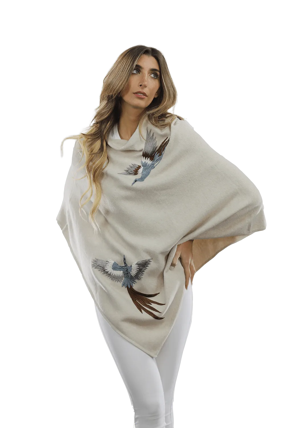 Poncho with Embroidered Phoenix   - Ivory