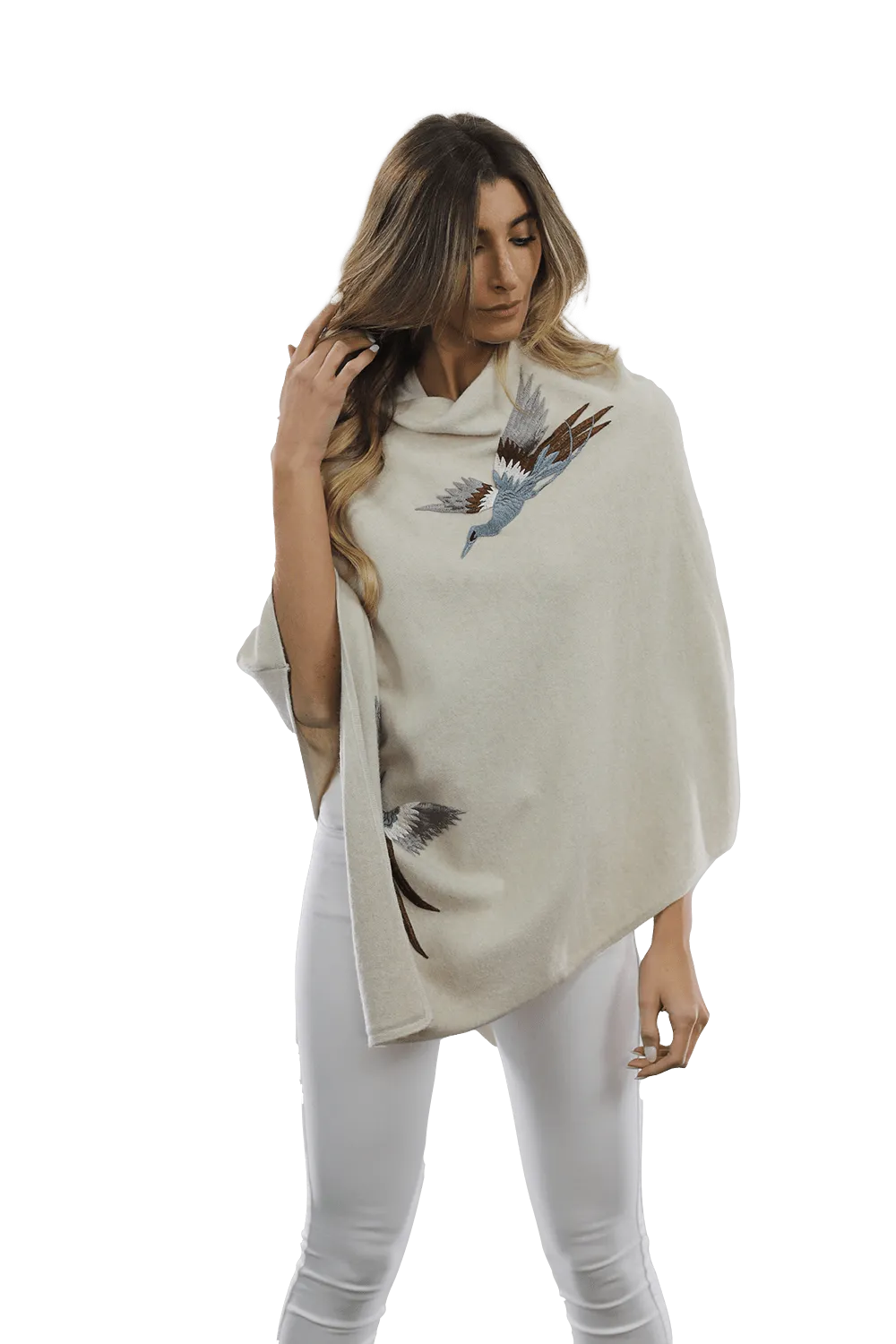 Poncho with Embroidered Phoenix   - Ivory