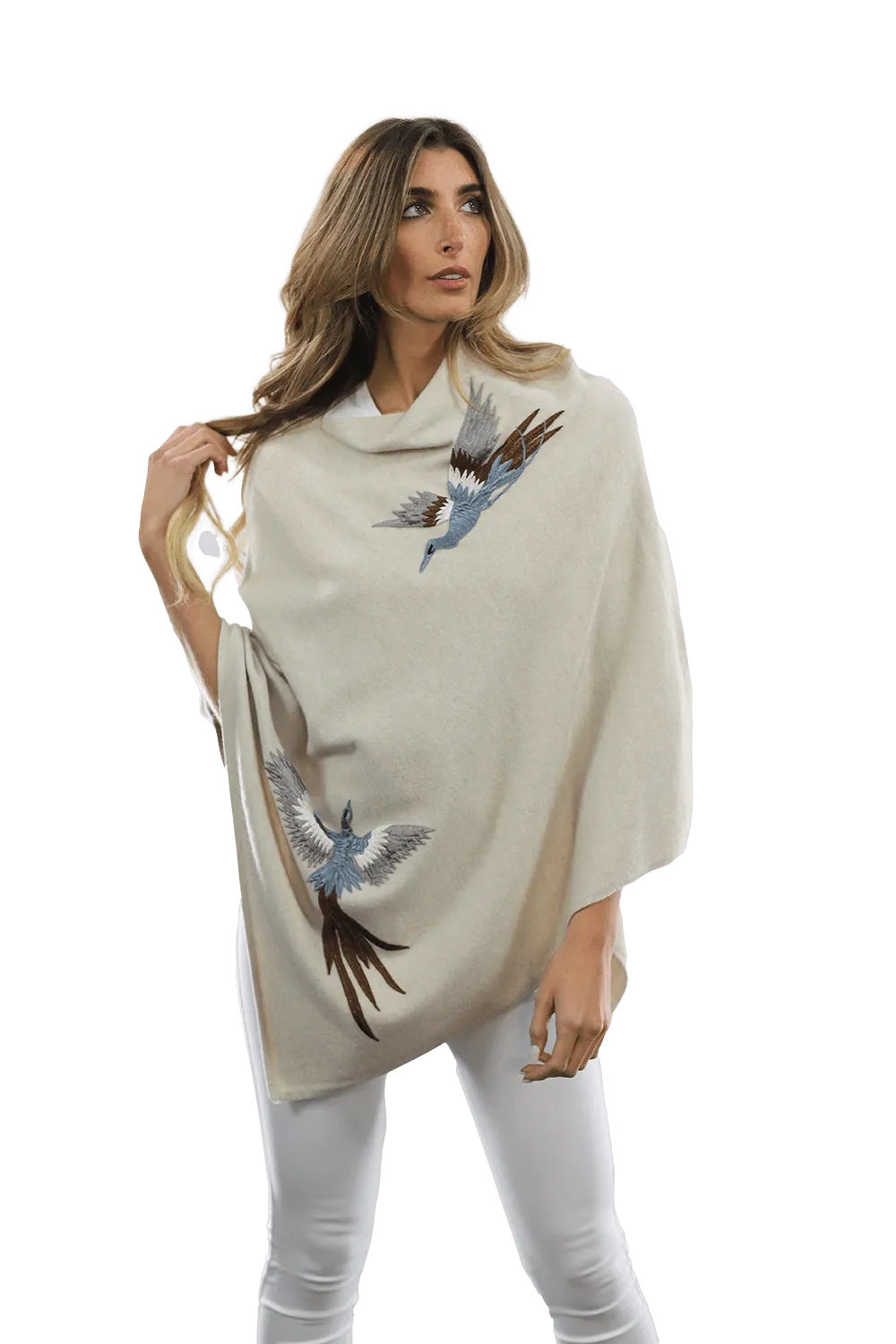 Poncho with Embroidered Phoenix   - Ivory