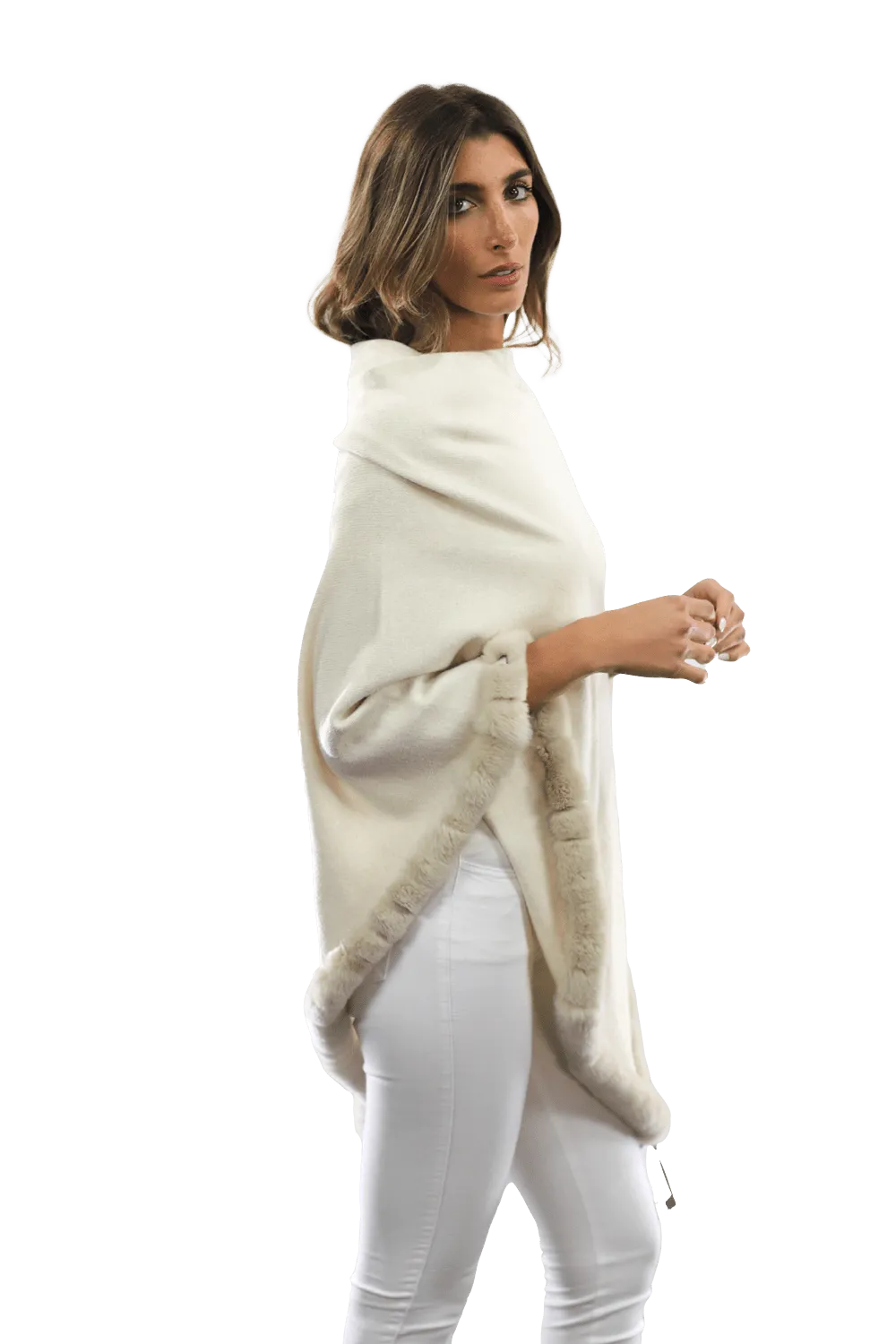 Poncho with Rex Rabbit Trim - Ivory