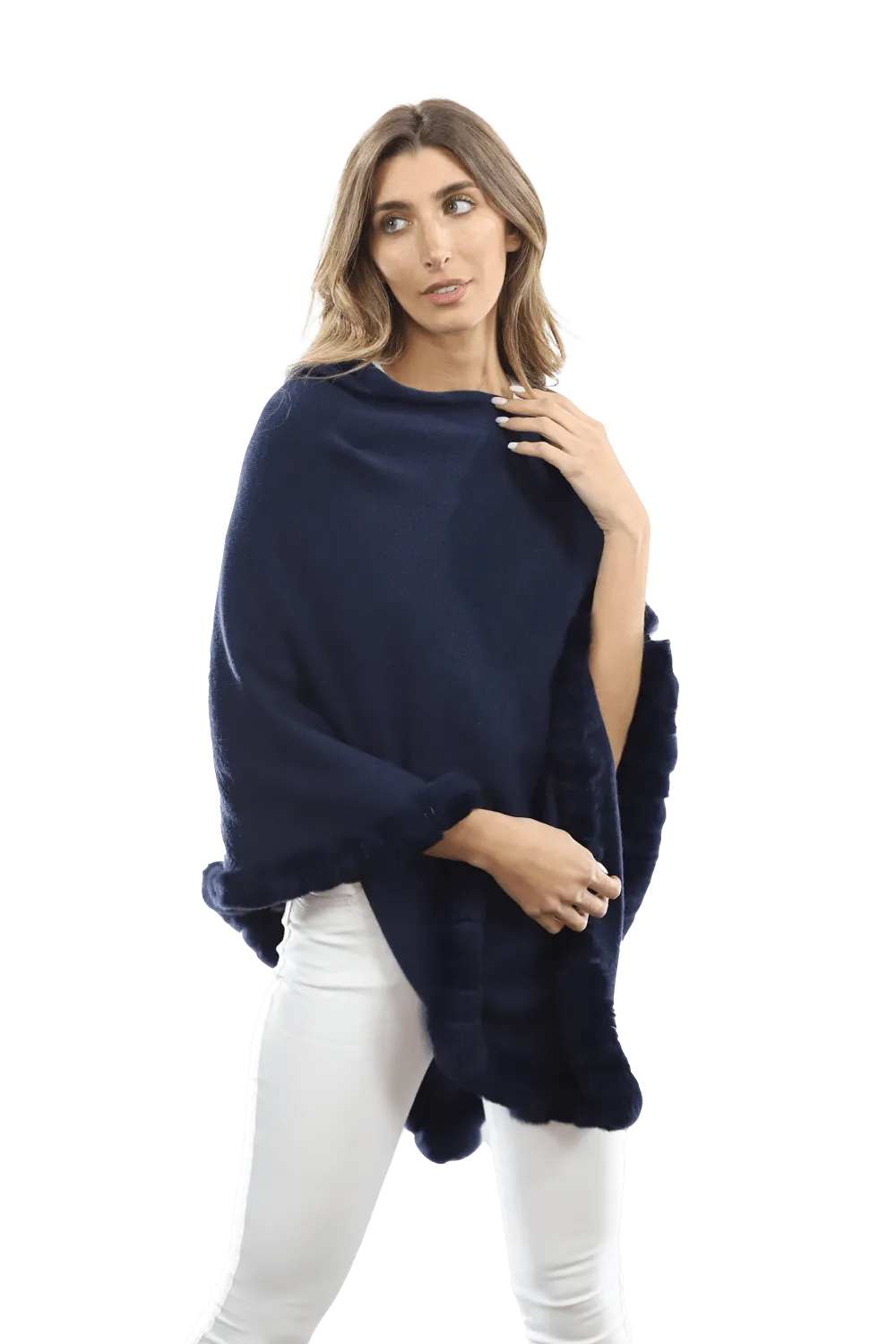 Poncho with Rex Rabbit Trim-Navy