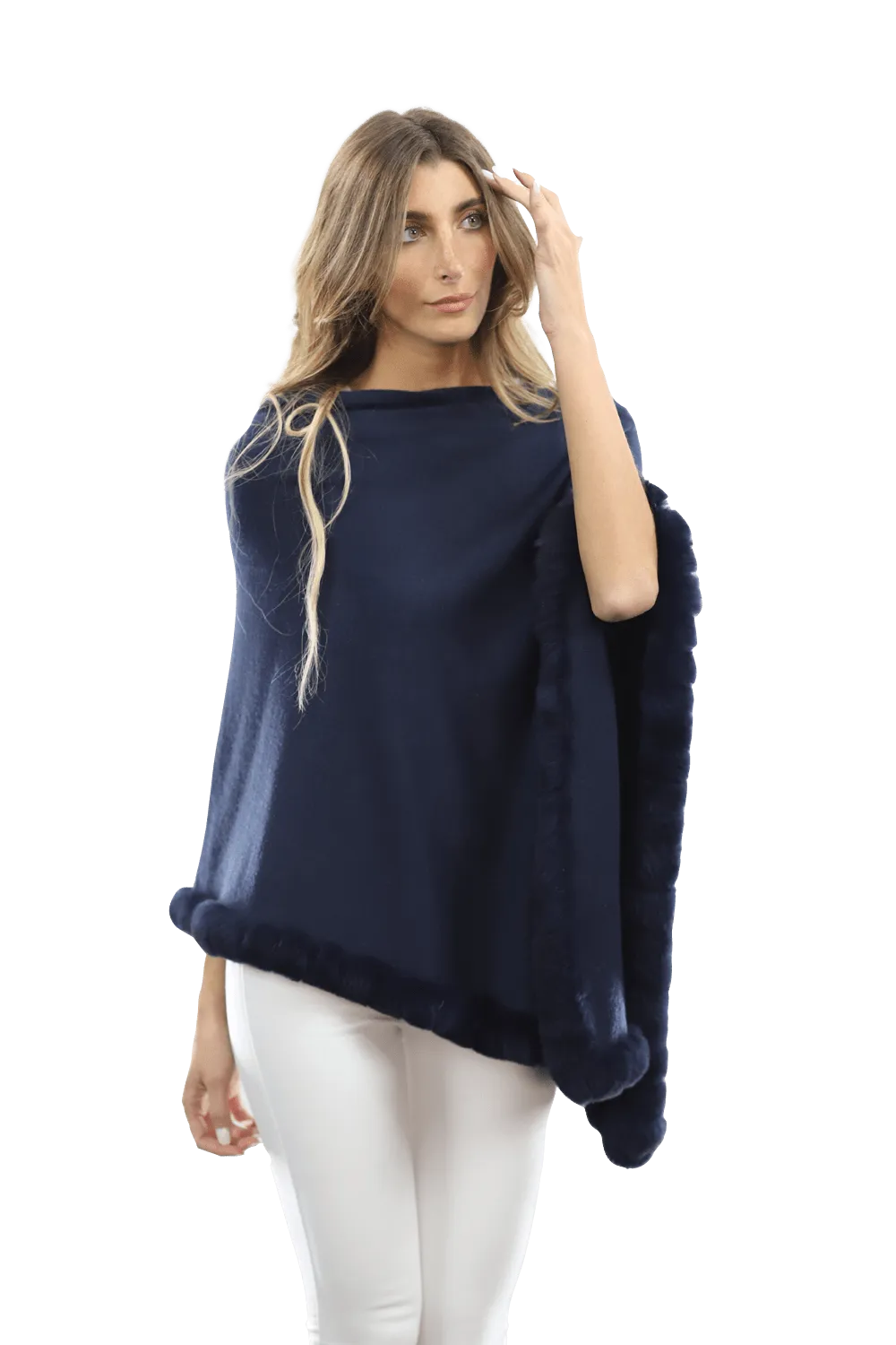 Poncho with Rex Rabbit Trim-Navy