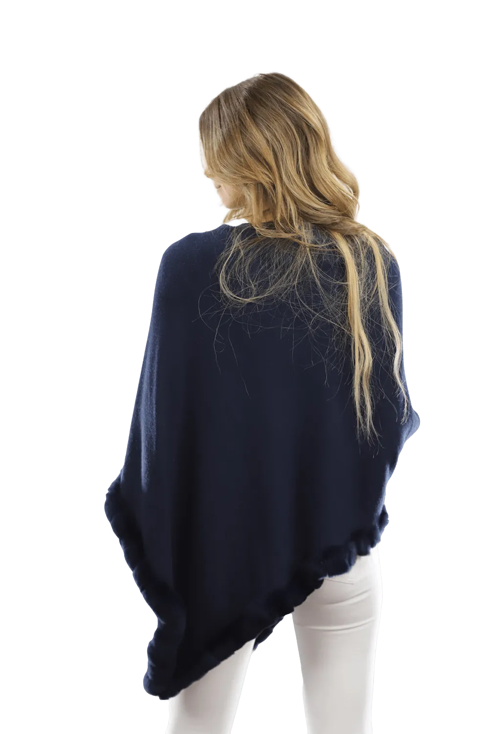 Poncho with Rex Rabbit Trim-Navy