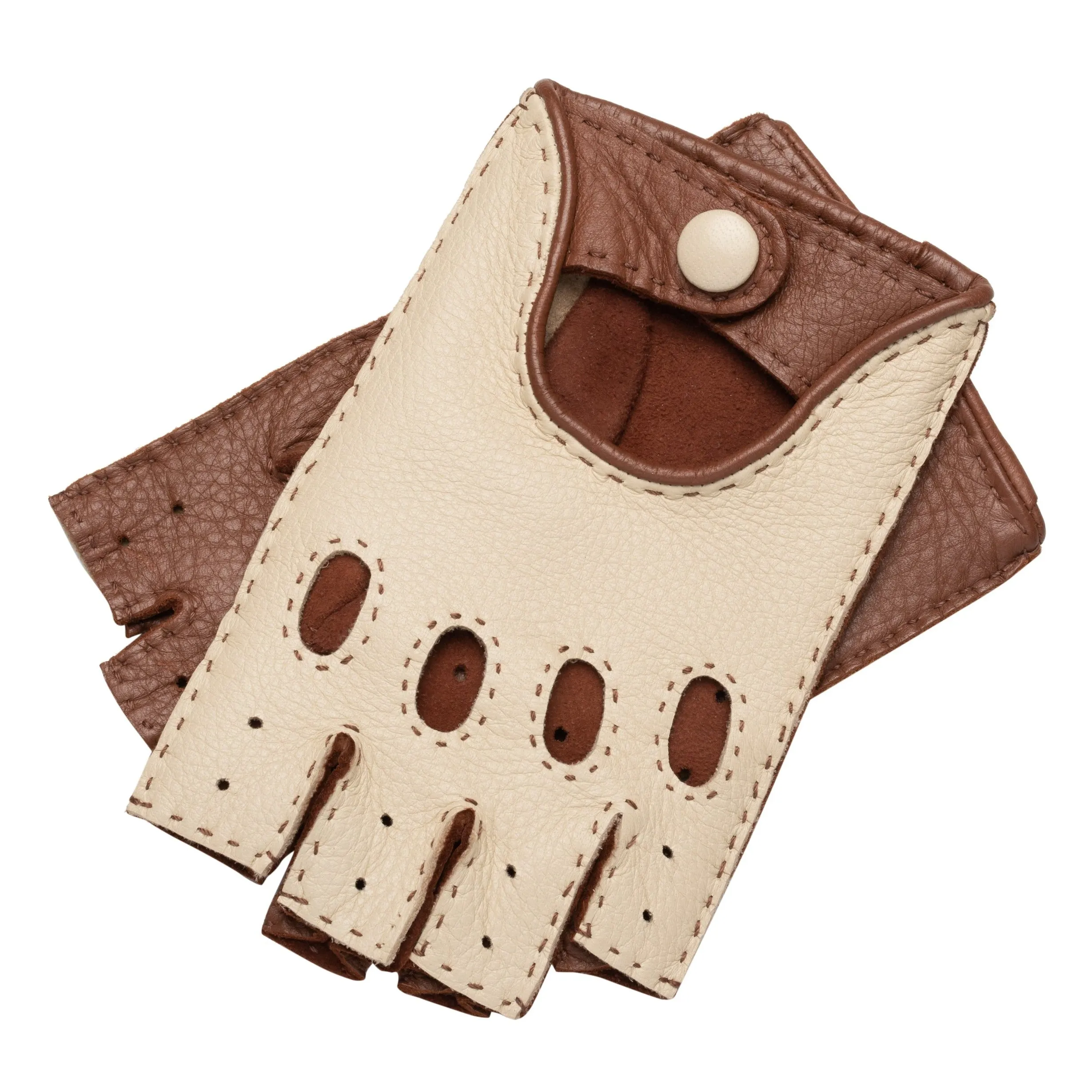 Rome Fingerless Creme and Camel Deerskin Driving Gloves