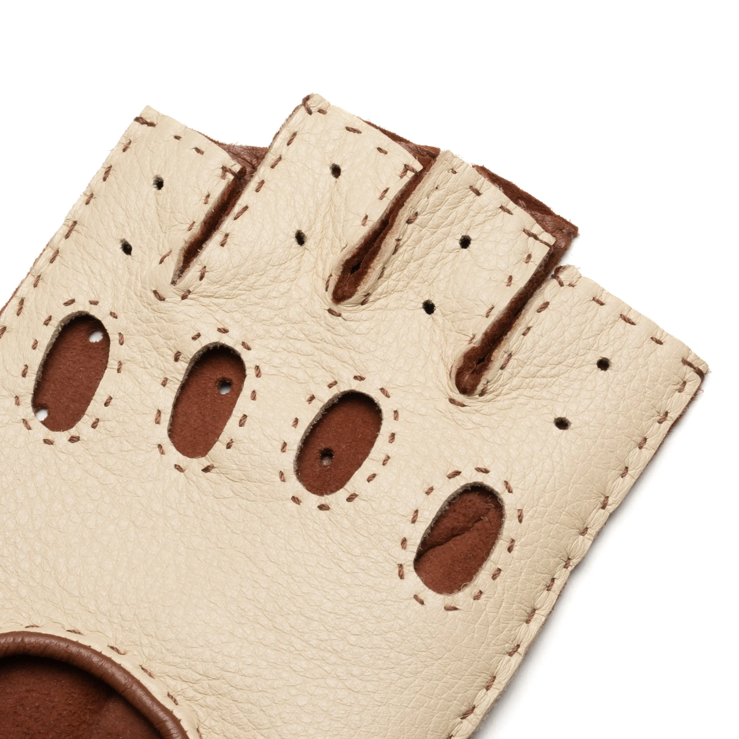 Rome Fingerless Creme and Camel Deerskin Driving Gloves