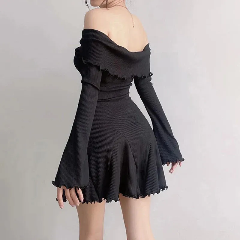 Sexy Backless Strapless Slim A-Line Fashion Streetwear Casual Long Sleeves Mini Solid Dress