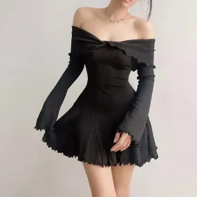 Sexy Backless Strapless Slim A-Line Fashion Streetwear Casual Long Sleeves Mini Solid Dress