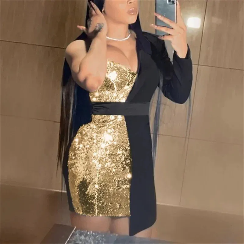 Sexy Fashion Single Sleeve Wrap Bust Dress Women Sparkling Sequin Patchwork Dresses Female Nightclub Party Slim High Waist Gown