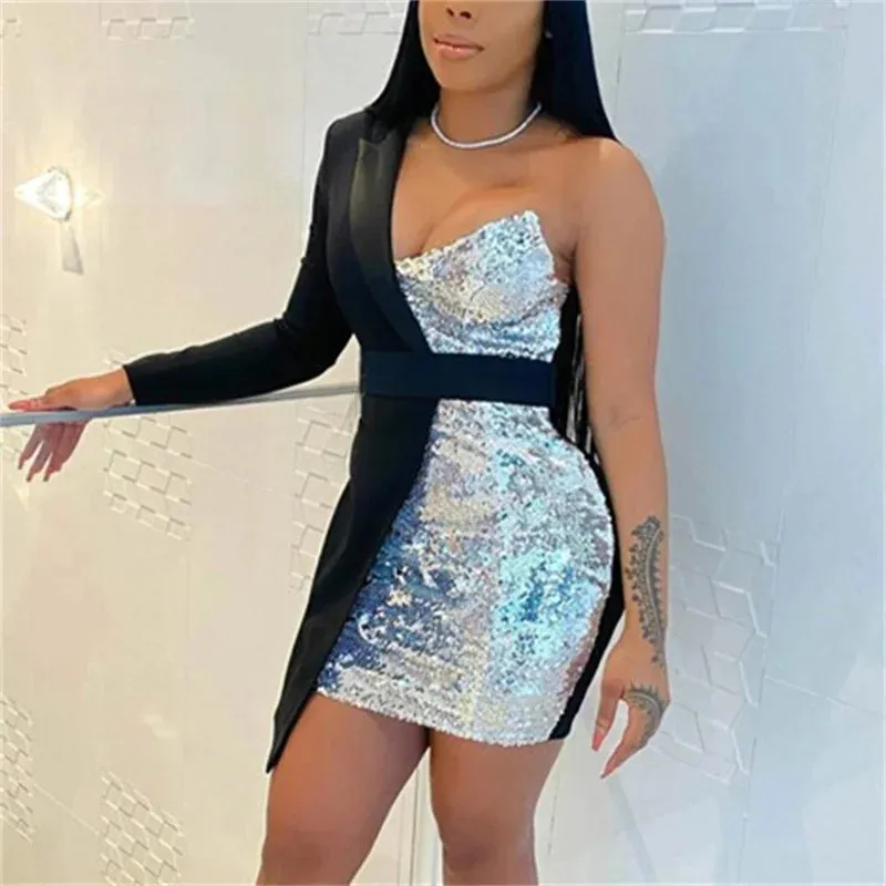 Sexy Fashion Single Sleeve Wrap Bust Dress Women Sparkling Sequin Patchwork Dresses Female Nightclub Party Slim High Waist Gown