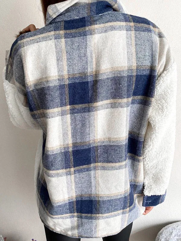 Shacket Pocket Plaid Stitching Lambswool Jacket