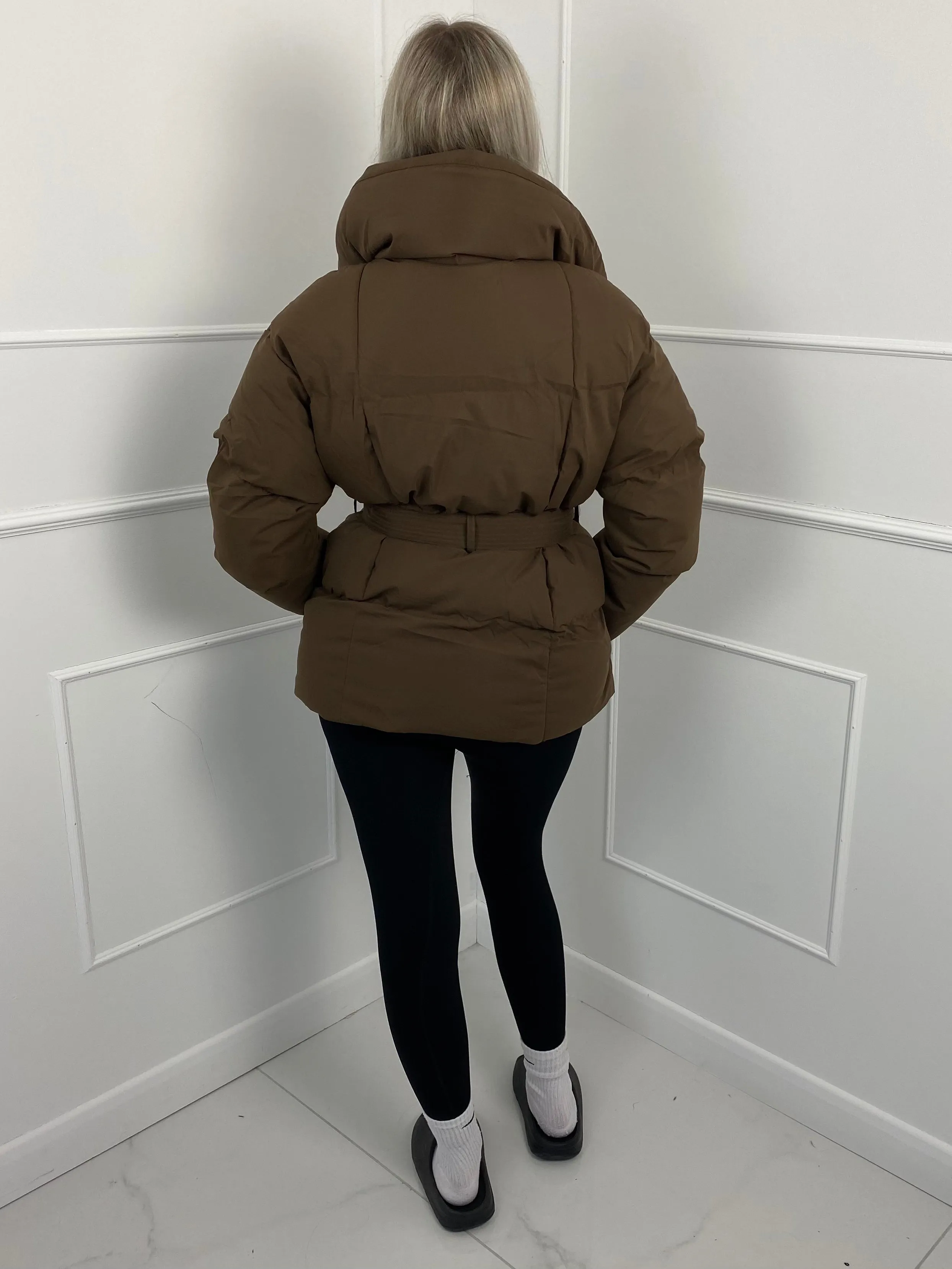 Short Belted Puffer Jacket- Brown