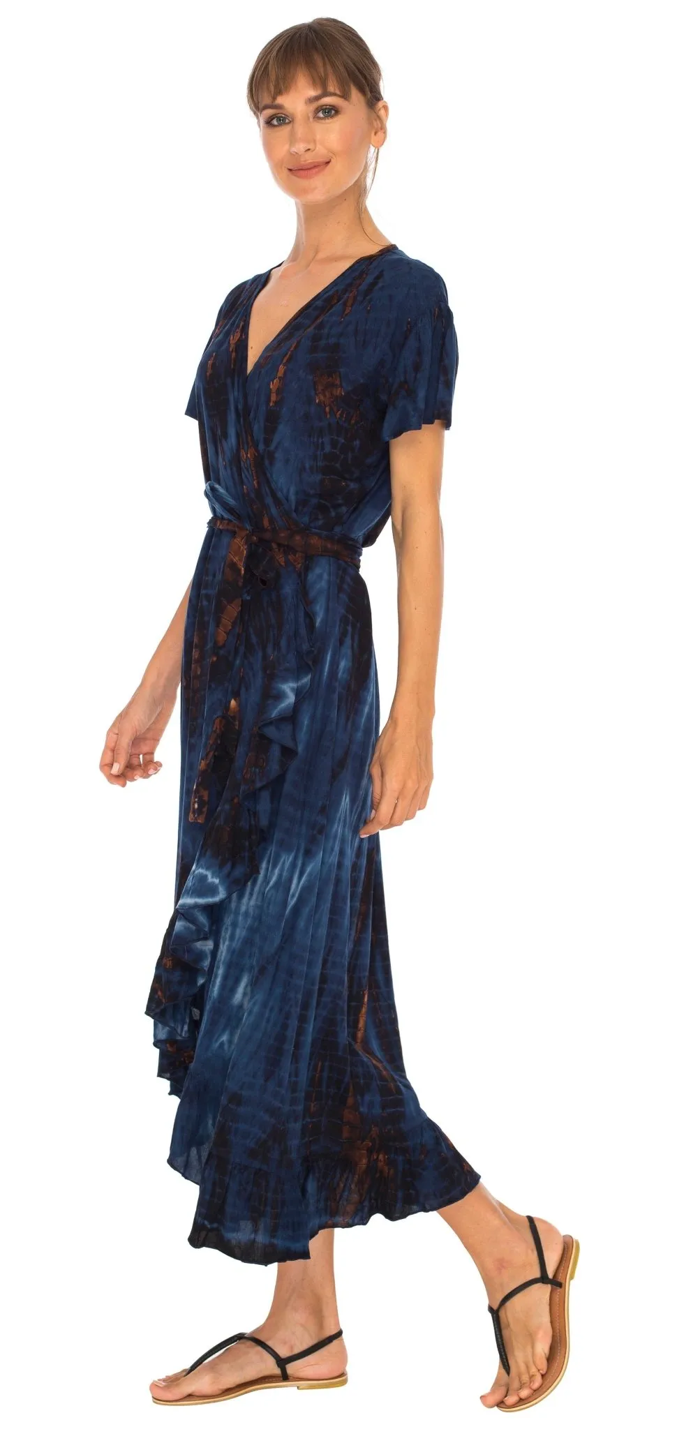 SHU-SHI Women's Boho Maxi Wrap Dress - Casual V-Neck Tie Dye Sundress