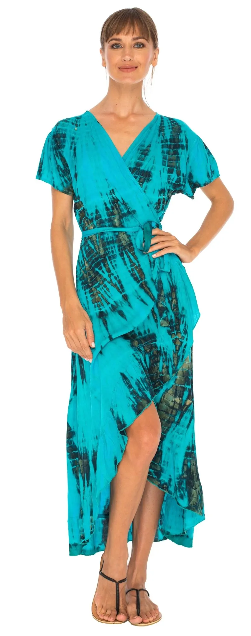 SHU-SHI Women's Boho Maxi Wrap Dress - Casual V-Neck Tie Dye Sundress