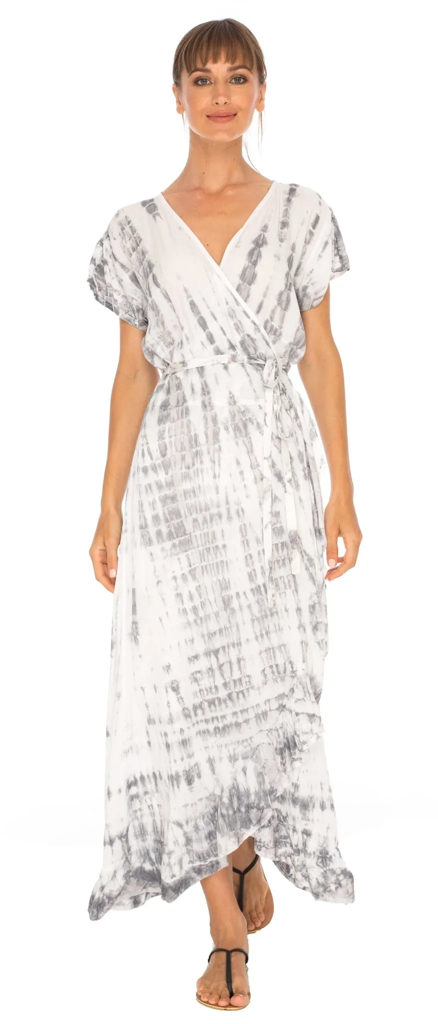 SHU-SHI Women's Boho Maxi Wrap Dress - Casual V-Neck Tie Dye Sundress