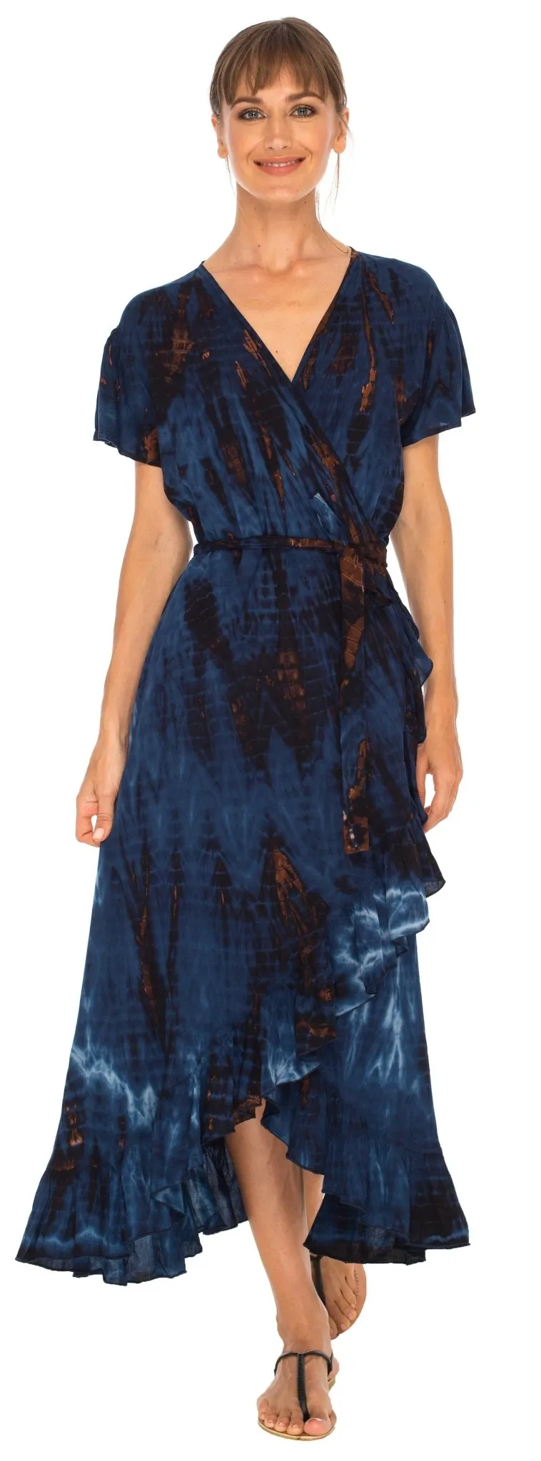 SHU-SHI Women's Boho Maxi Wrap Dress - Casual V-Neck Tie Dye Sundress