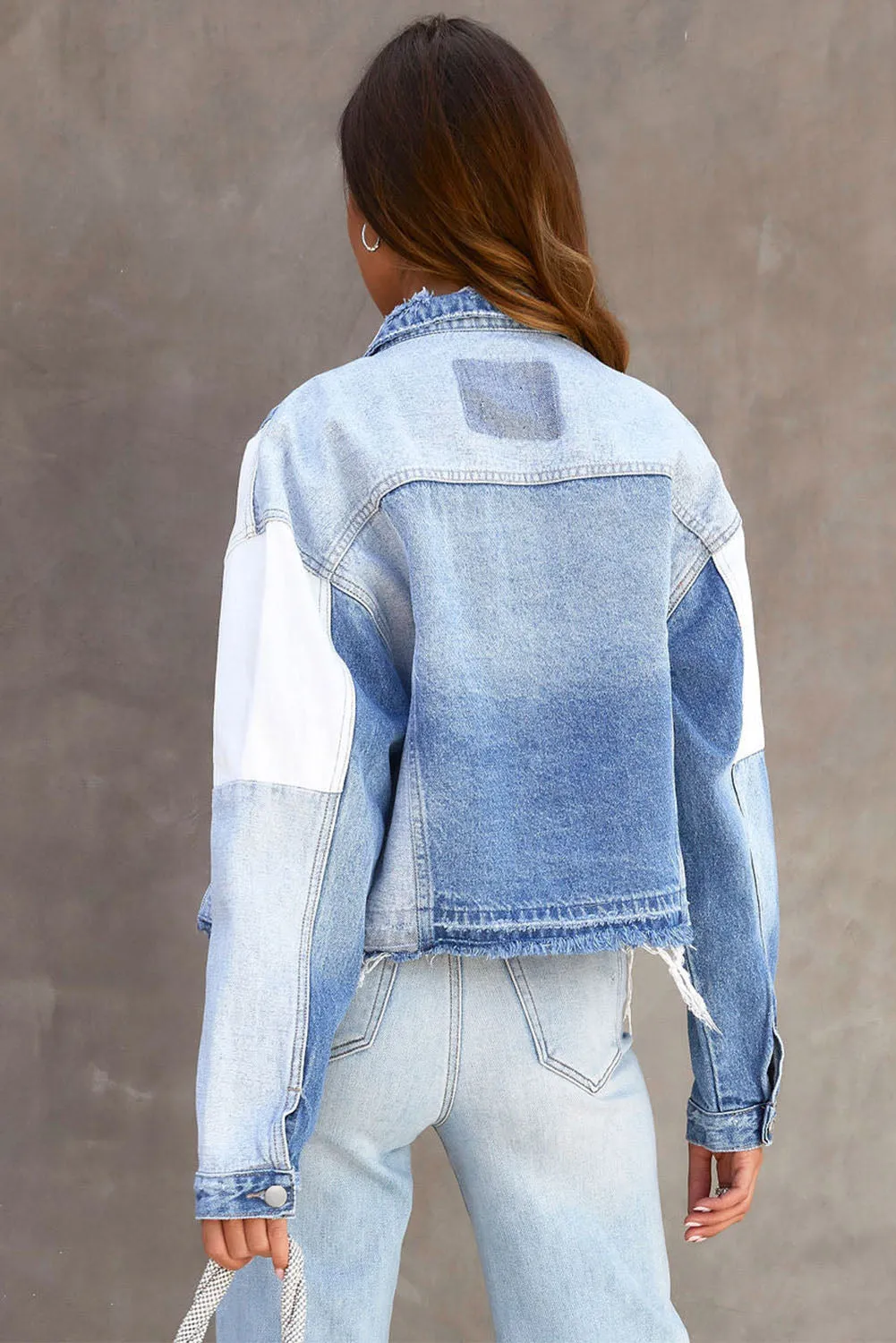 Sky Blue Colour Block Denim Patchwork Frayed Hem Jacket