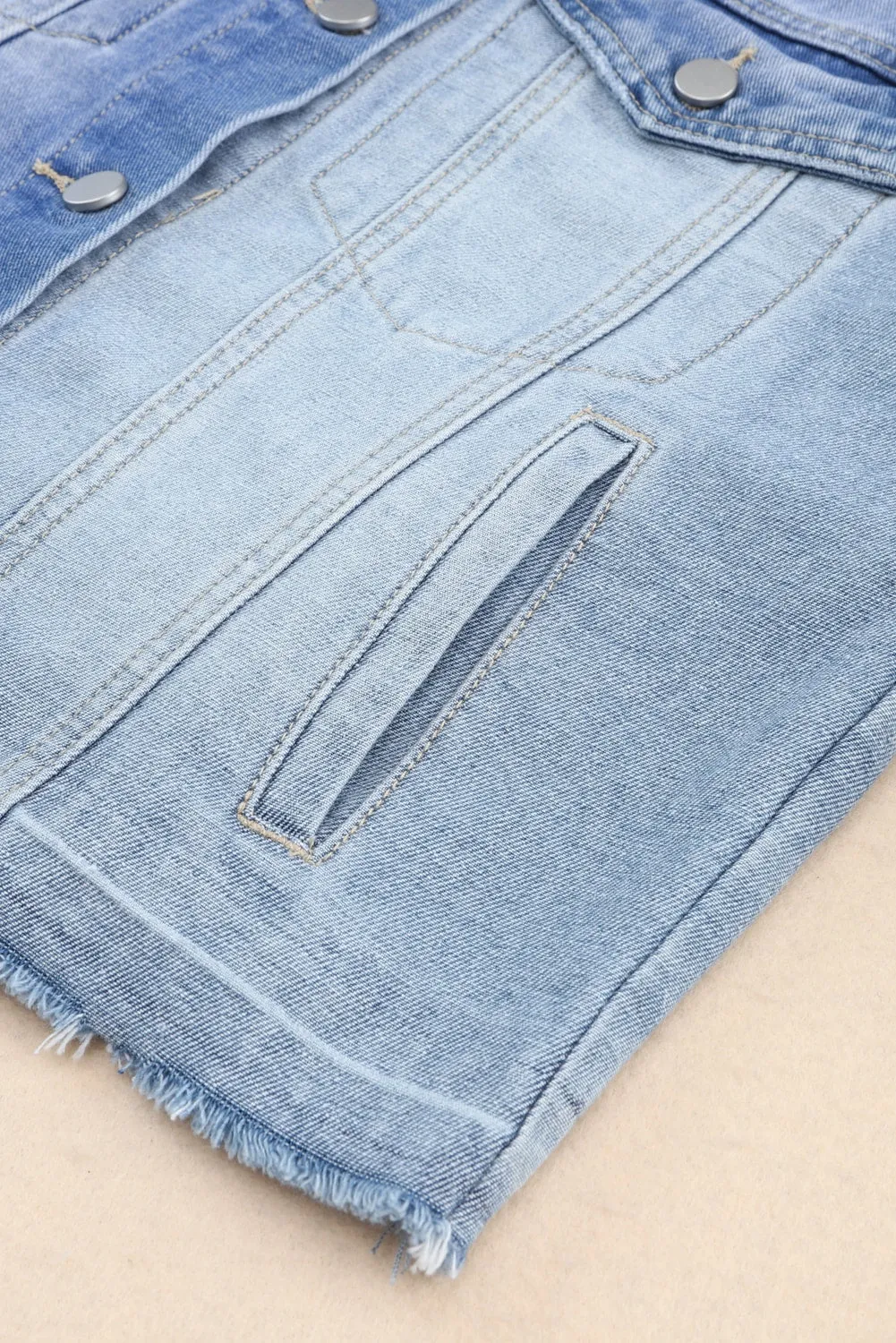 Sky Blue Colour Block Denim Patchwork Frayed Hem Jacket