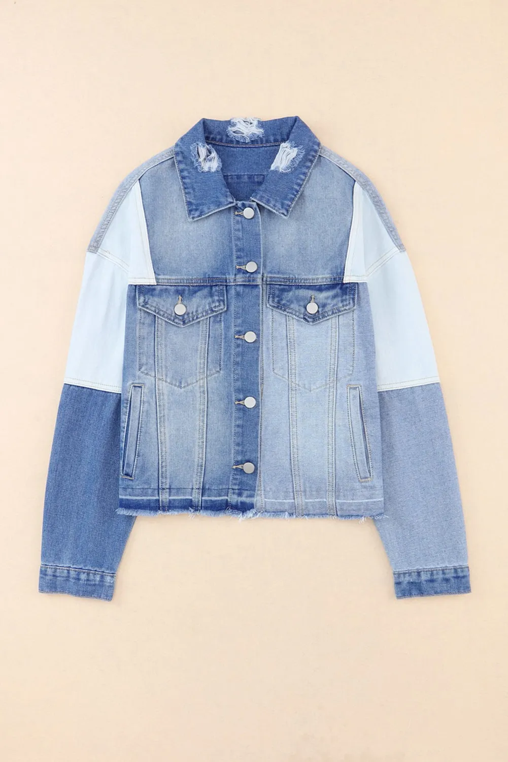 Sky Blue Colour Block Denim Patchwork Frayed Hem Jacket