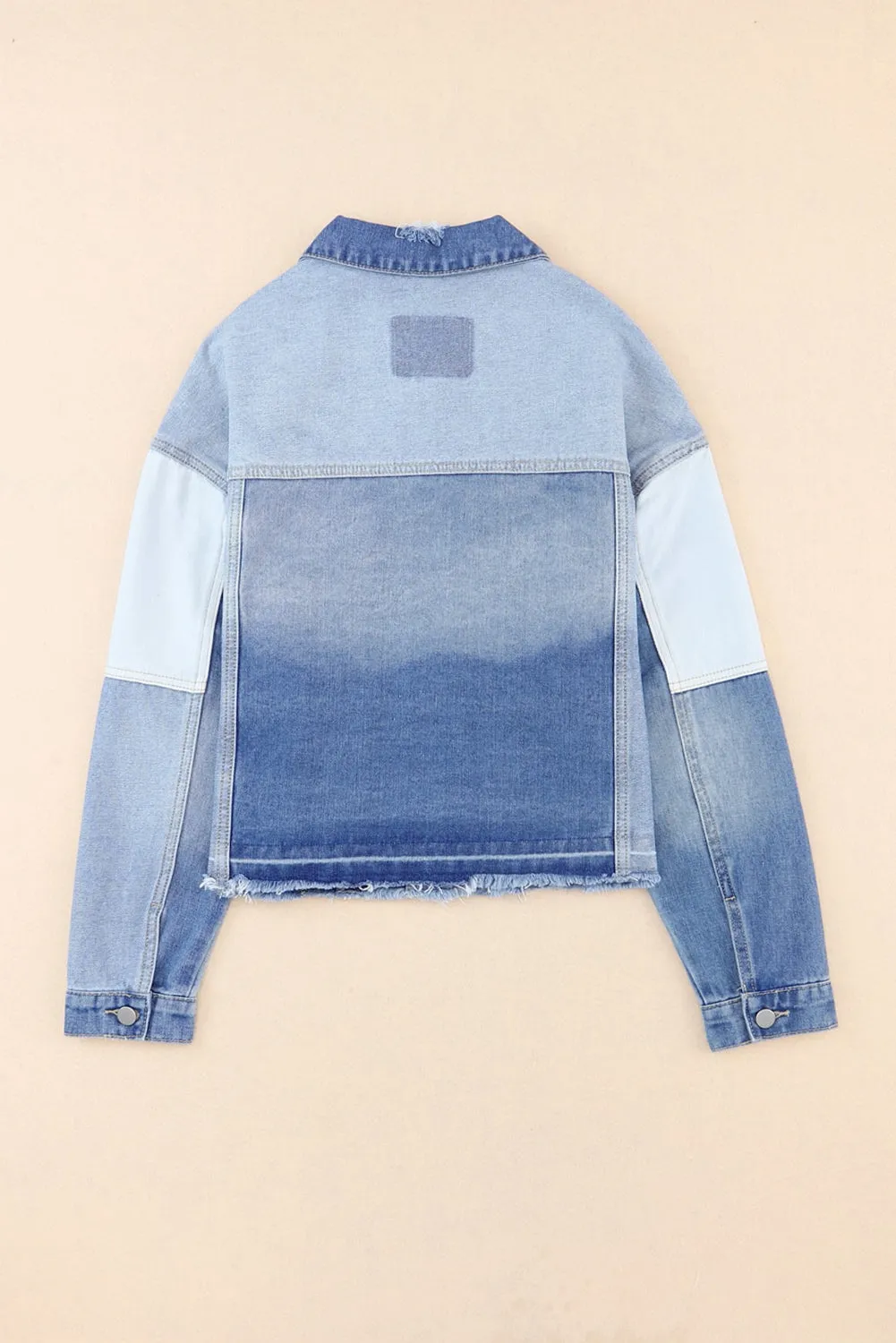 Sky Blue Colour Block Denim Patchwork Frayed Hem Jacket