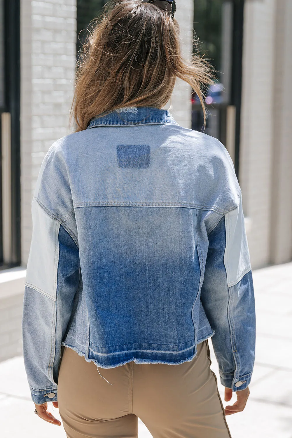 Sky Blue Colour Block Denim Patchwork Frayed Hem Jacket