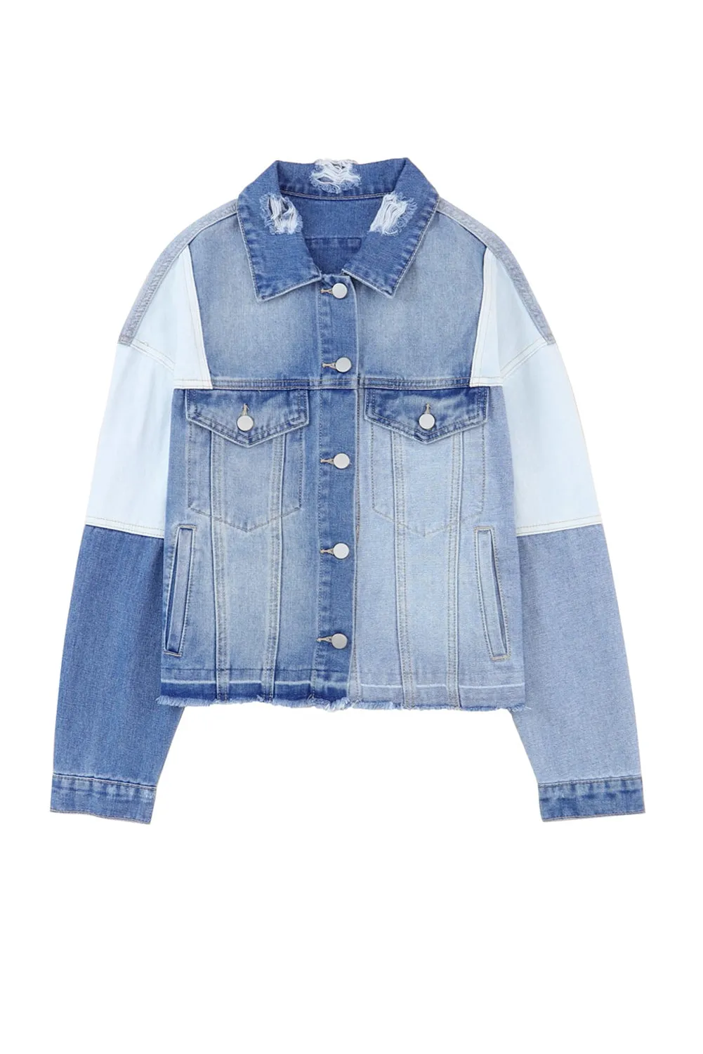 Sky Blue Colour Block Denim Patchwork Frayed Hem Jacket