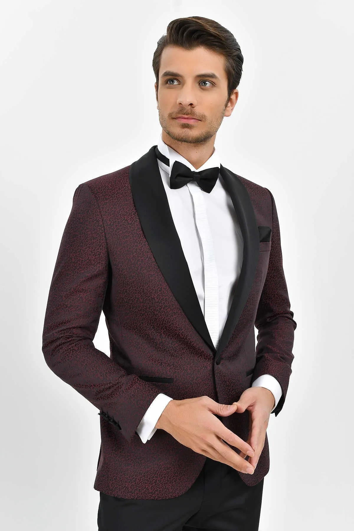 Slim Fit Burgundy Shawl Lapel Patterned Classic Tuxedo