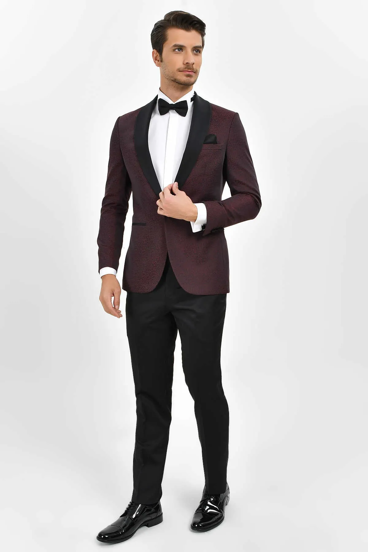 Slim Fit Burgundy Shawl Lapel Patterned Classic Tuxedo