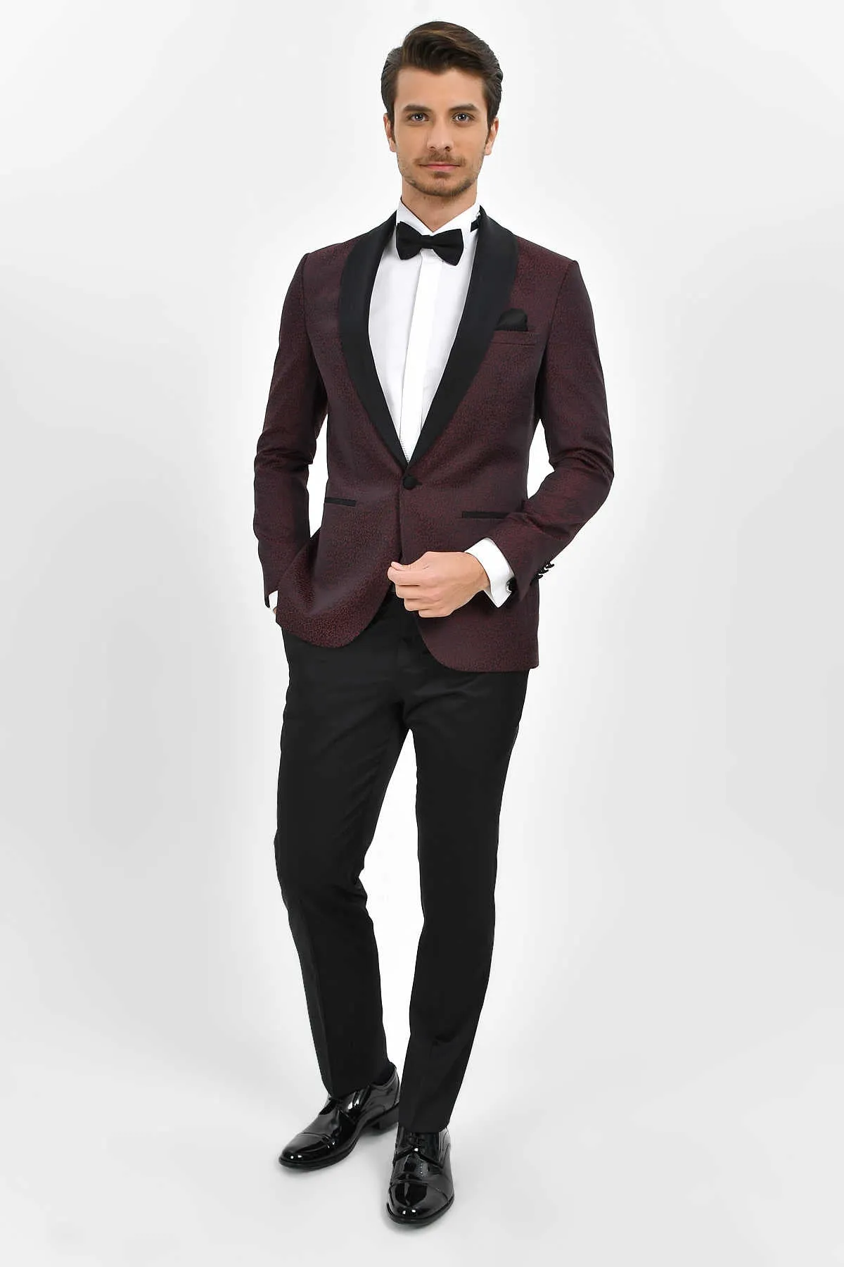 Slim Fit Burgundy Shawl Lapel Patterned Classic Tuxedo