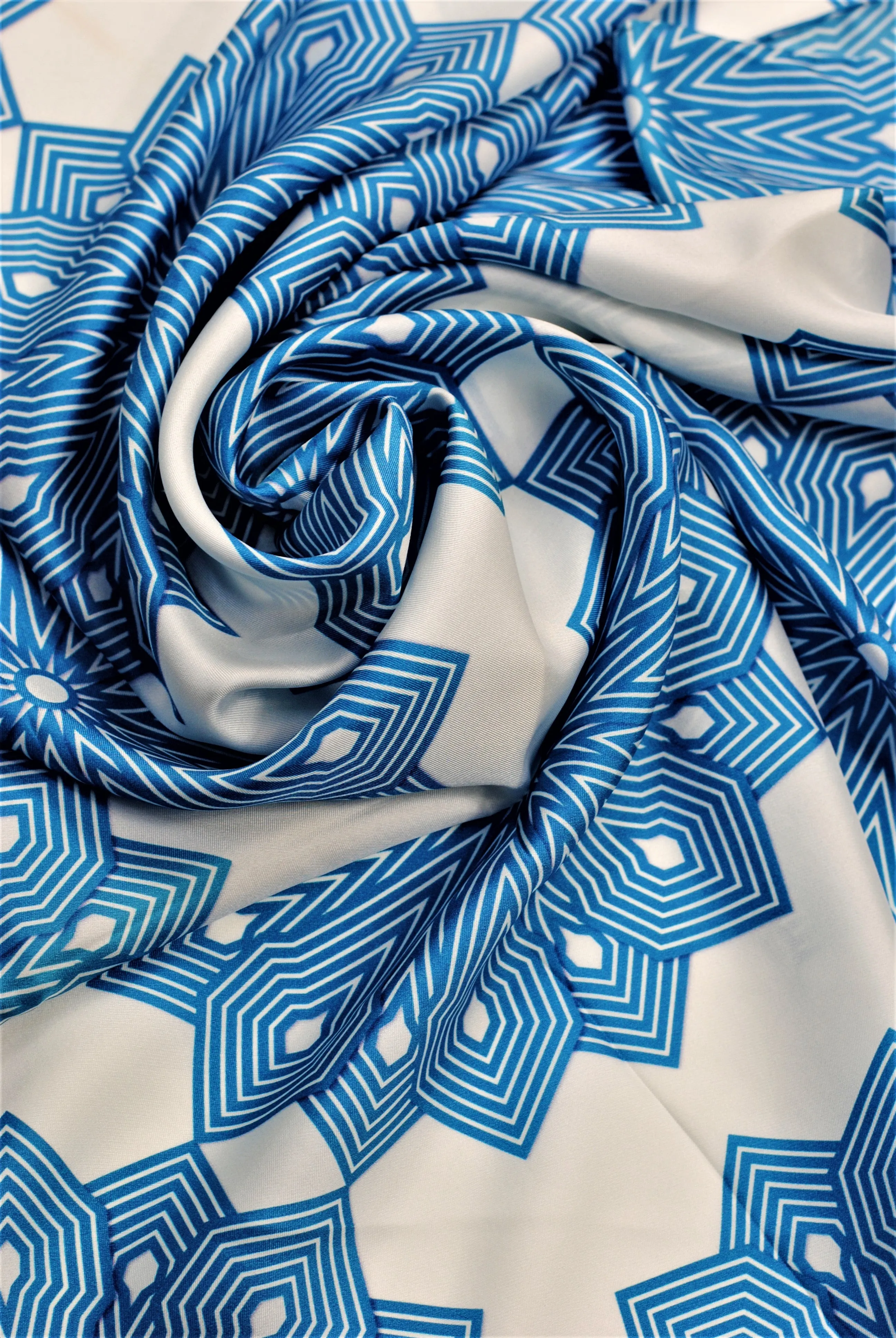 SNOWFLAKES Mandala 100% Silk Square Scarf in Blue White