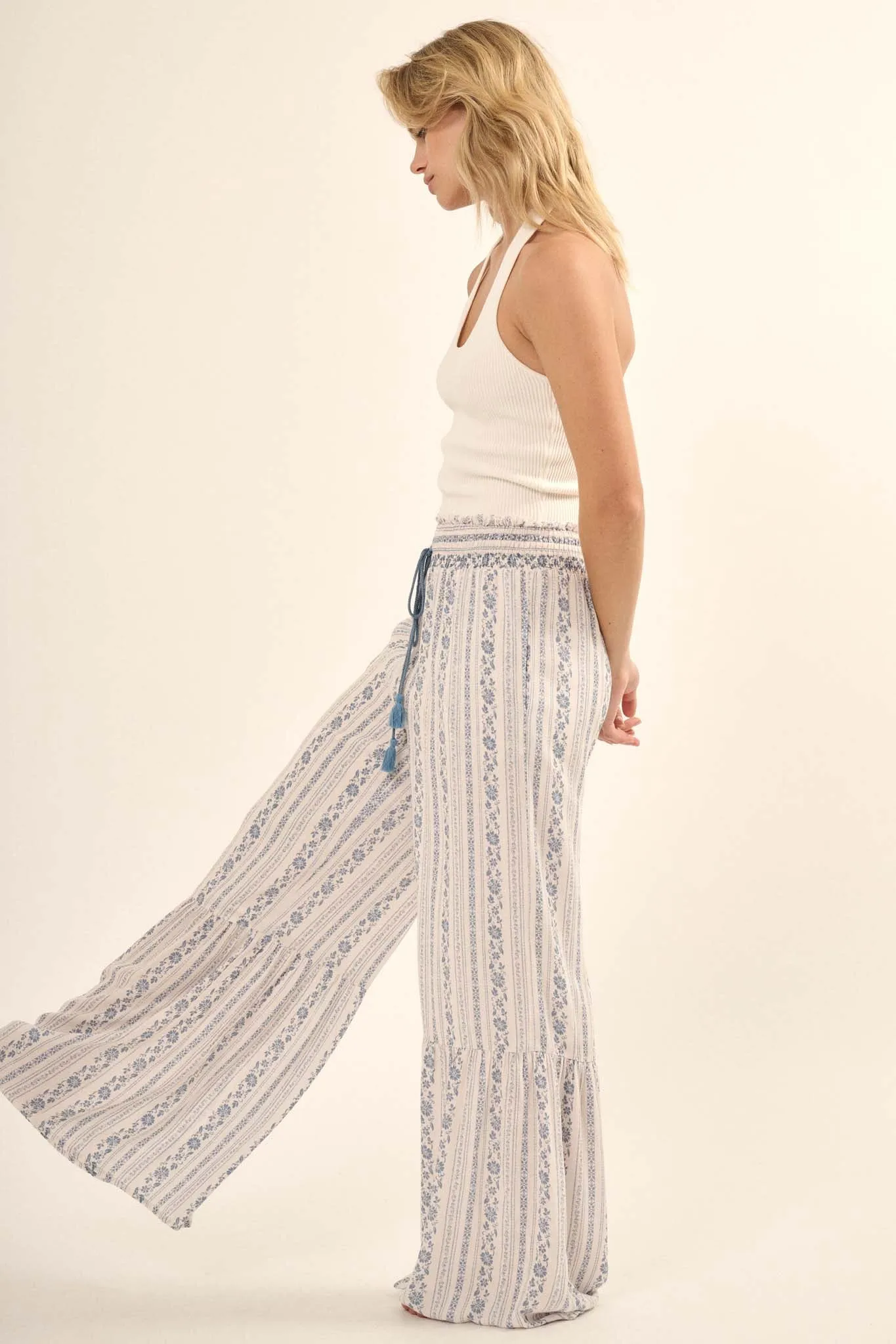 Spring Fever Floral-Stripe Ruffled Wide-Leg Pants