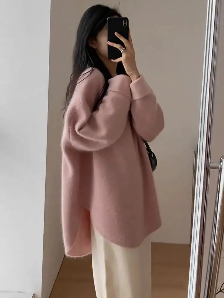 Spring Women New Korean Sweater Loose Knitting Warm Round Neck Falling Shoulder Sleeves Long Sleeved Solid Color All-match Tops