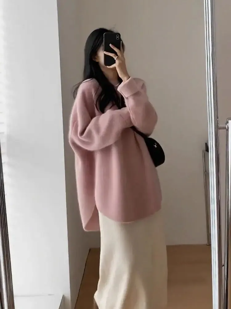 Spring Women New Korean Sweater Loose Knitting Warm Round Neck Falling Shoulder Sleeves Long Sleeved Solid Color All-match Tops