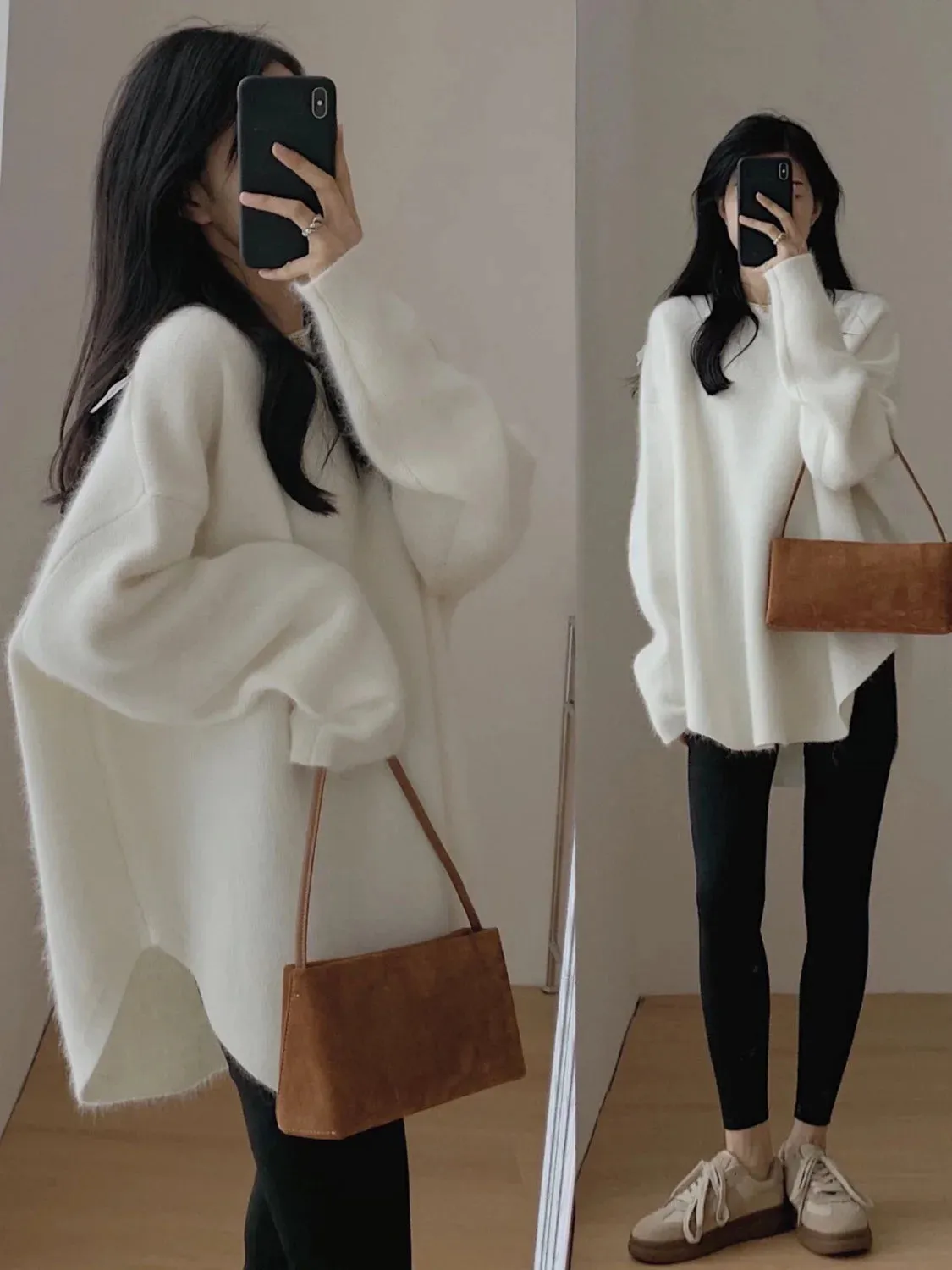 Spring Women New Korean Sweater Loose Knitting Warm Round Neck Falling Shoulder Sleeves Long Sleeved Solid Color All-match Tops