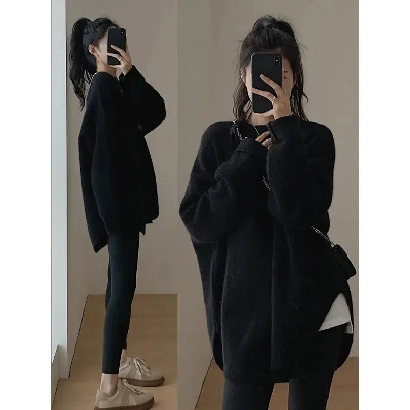 Spring Women New Korean Sweater Loose Knitting Warm Round Neck Falling Shoulder Sleeves Long Sleeved Solid Color All-match Tops