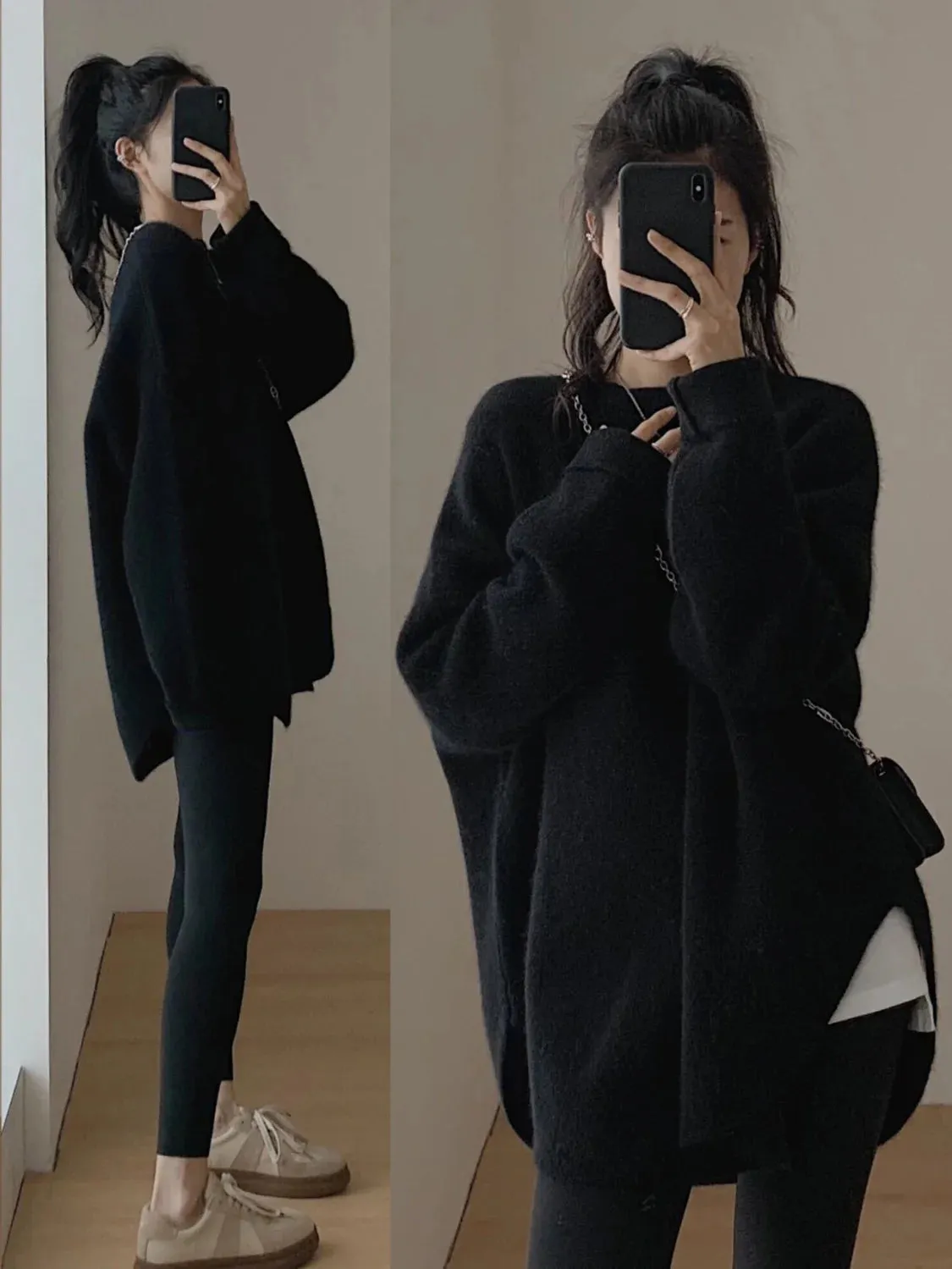 Spring Women New Korean Sweater Loose Knitting Warm Round Neck Falling Shoulder Sleeves Long Sleeved Solid Color All-match Tops