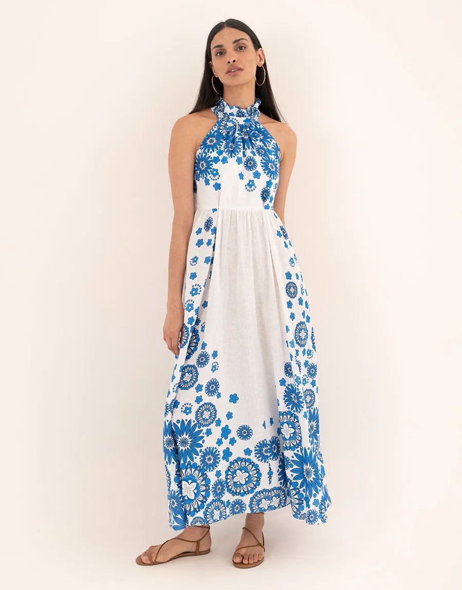 Stella Linen Maxi Dress - Space Flower Blue