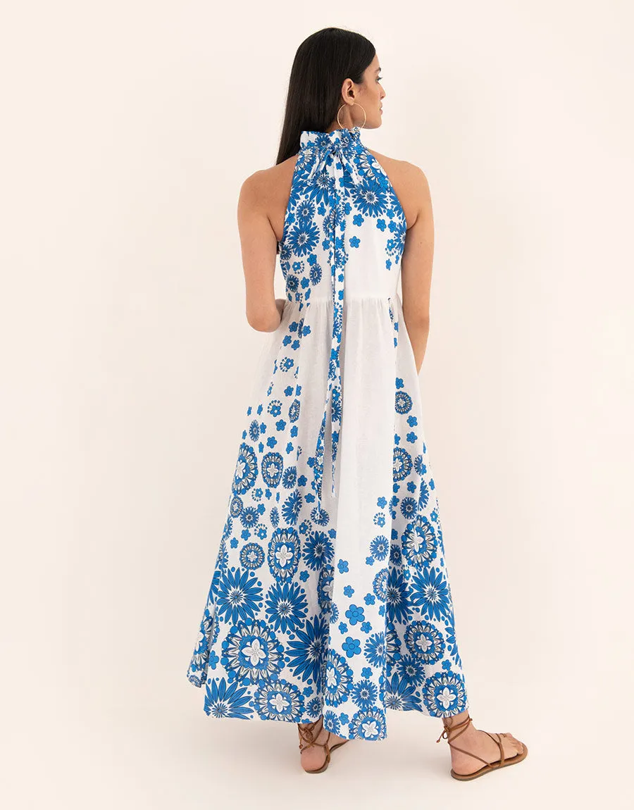 Stella Linen Maxi Dress - Space Flower Blue