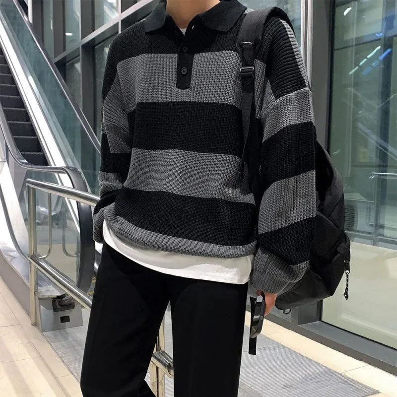 Striped Polo Sweater Men's Autumn And Winter Lapel